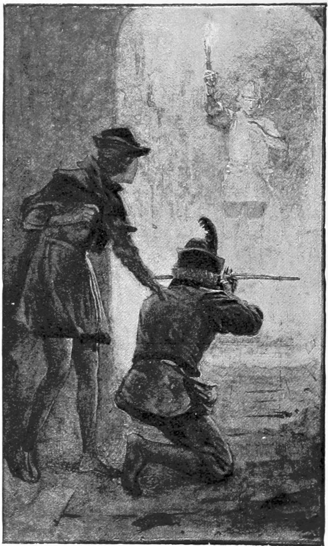 two brigands aiming at a guard in the dark
